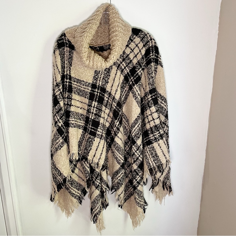 Cozy Black and Tan Plaid Knit Cowl Neck Sweater Poncho with Fringe